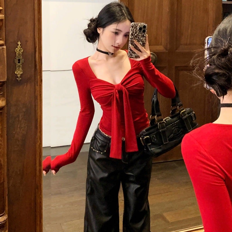 Jin Jing Guan Tu [Rayon Rib] New Year'S Wear Red Bow Long Sleeve T-Shirt Pure Tight Base Shirt - Image 4